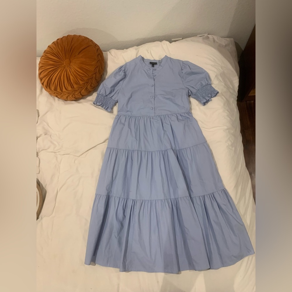 who what wear puff sleeve tiered babydoll dress blue